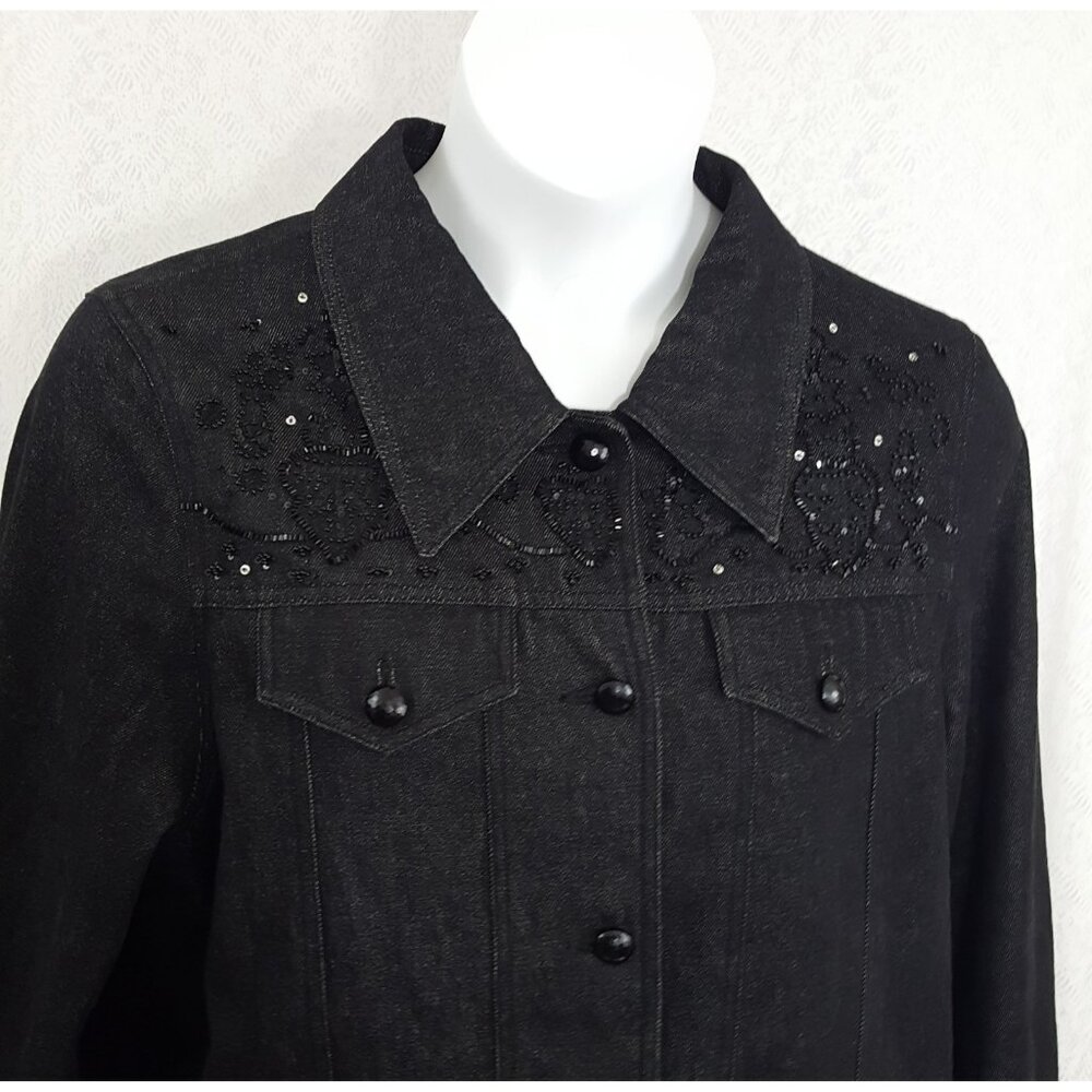 Dennis Basso Coat Denim Jean Jacket Blazer Women Large Black Beaded Sequin Bling - Picture 5 of 8